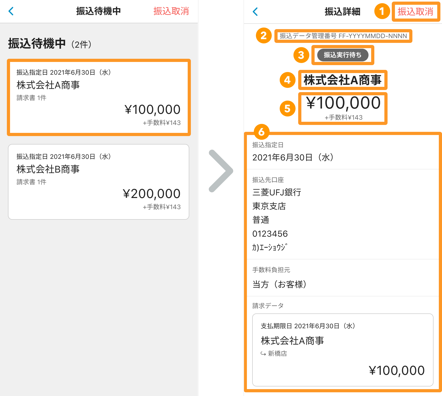 Airインボイス 振込待機中 振込詳細